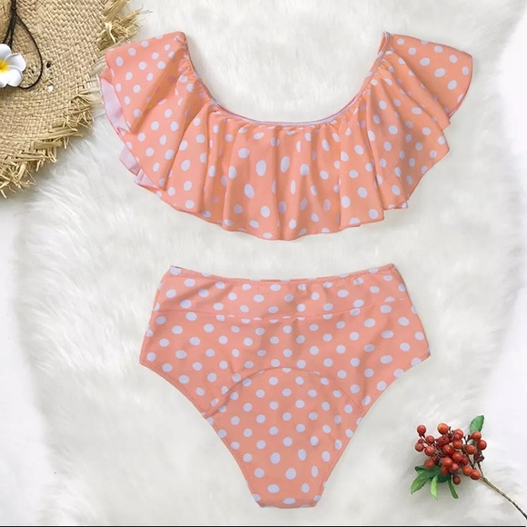 Peach Polka Dot Ruffle High Waist Bikini Swimsuit - Picture 5 of 7